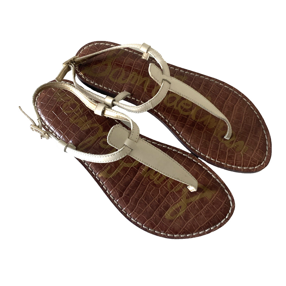Sam Edelman Gigi Leather T-Strap Flat Sandal Thong Ankle Strap Off White 9 W